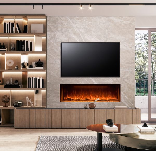 Modern marble TV wall with bookshelf